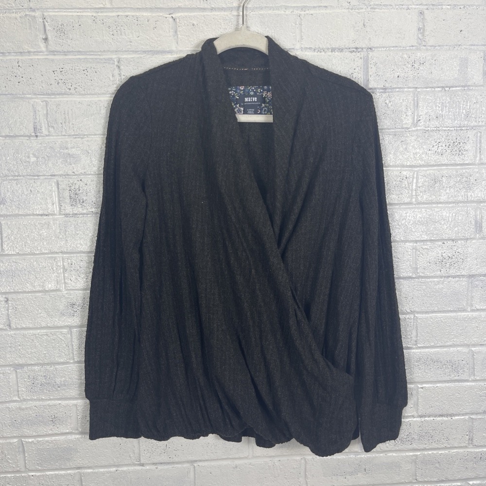 Maeve Anthropologie Faux Wrap Sweater Womens Size L Gray Stretch Minimalist